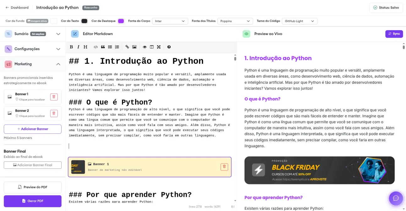 Editor profissional do Ebookr.ai com preview ao vivo
